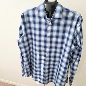 TD THOMAS DEAN MENS XL 100% PIMA COTTON BLUE GRAY GREEN WHITE PLAID LONG SLEEVE